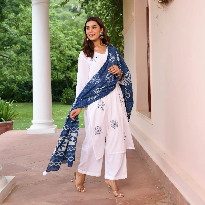 White Suit With Indigo Dupatta