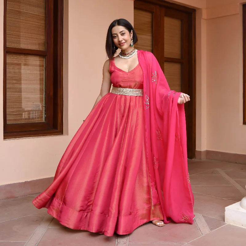 Pink Tissue Silk Dress With Dupatta