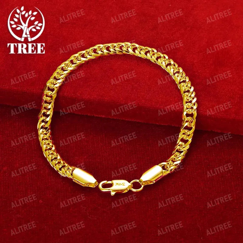 ALITREE 18K Yellow Gold Cuban Chain Bracelets For Woman Men Party Engagement Wedding Christmas Birthday Fashion Jewelry Gifts