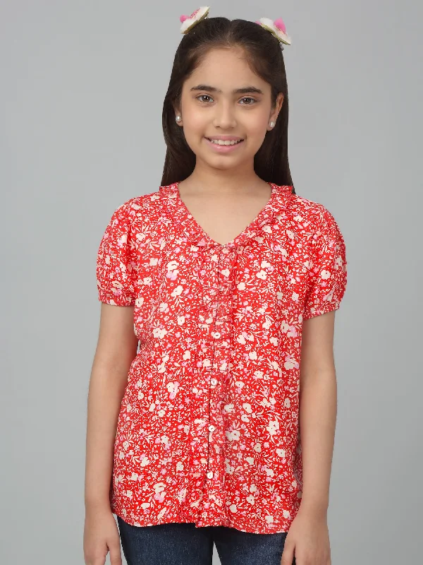 Girls Basic Red Puffed Half Sleeves  Top