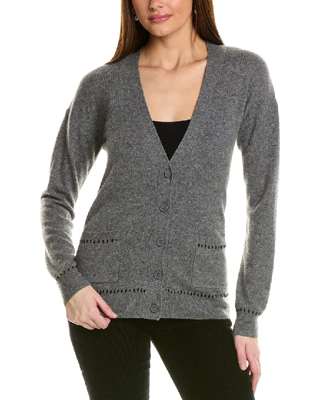 Amicale Cashmere Whipstitch V-Neck Cashmere Cardigan