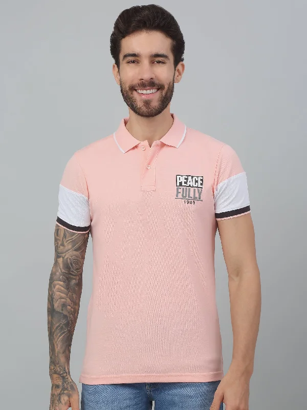 Men's Pink  Polo neck Half Sleeve T-Shirt with chest print & color block on sleeve