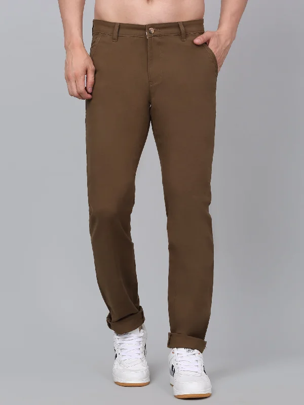 Men's Brown Solid Non-Pleated Stretchable Casual Trouser