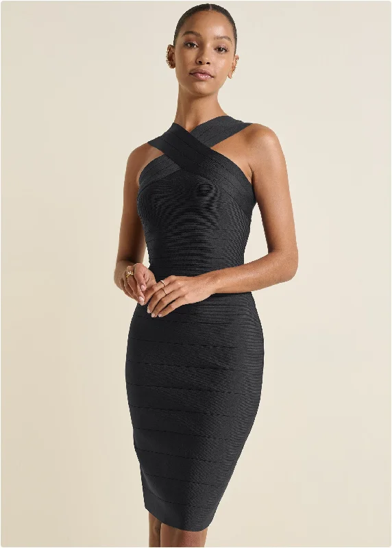 Cross-Neck Bandage Dress - Black