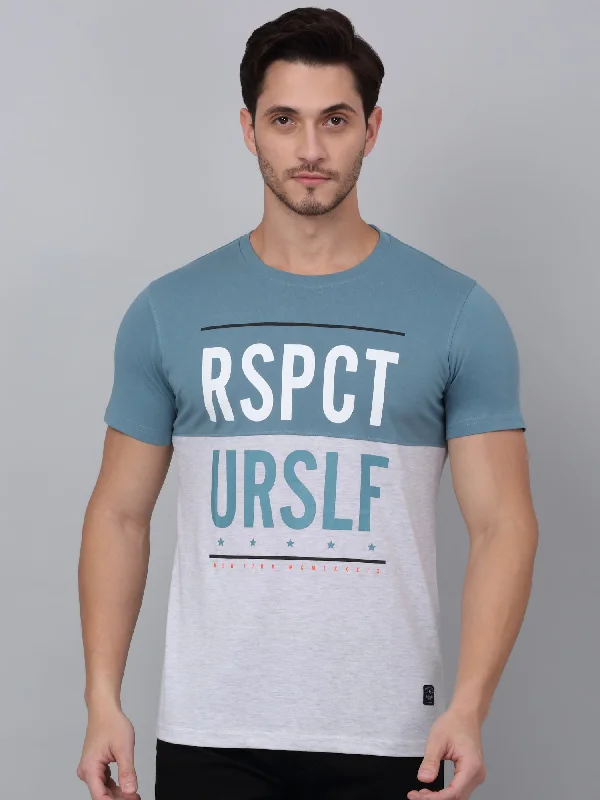 Men's Teal Blue Color Block Round Neck T-shirt