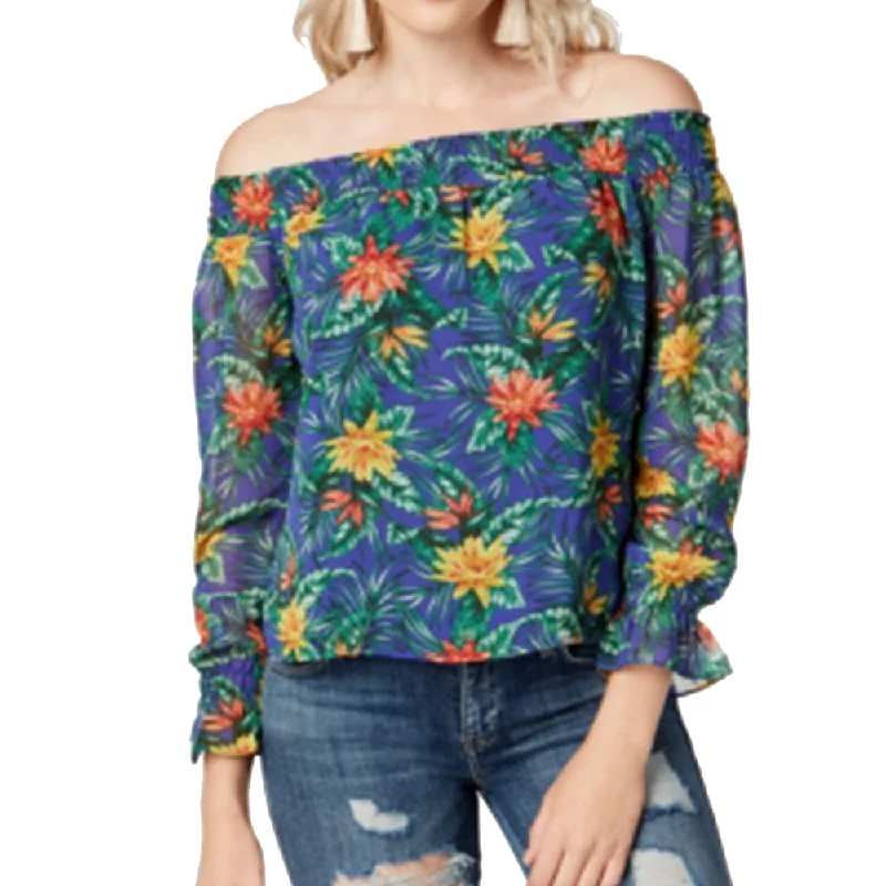 Women's Chiffon Exotic Tropical Print Top,Blue