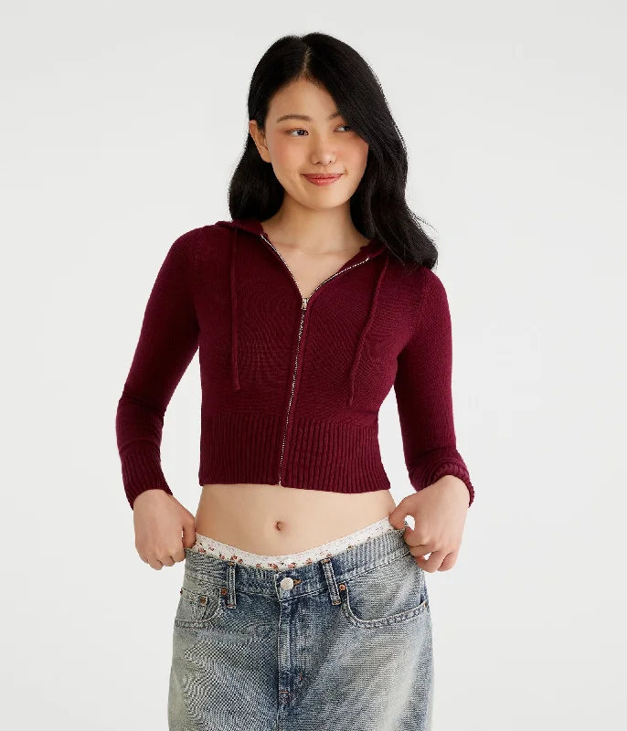 Aeropostale Solid Cropped Full-Zip Hooded Sweater