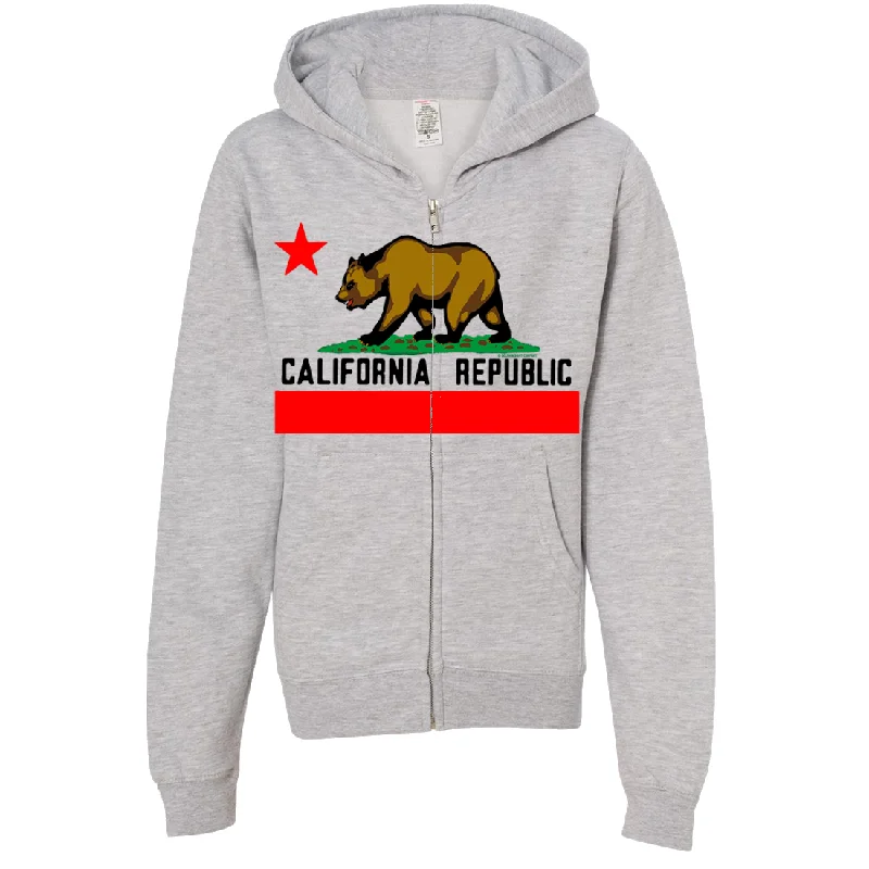 California Republic Borderless Bear Flag Black Text Premium Youth Zip-Up Hoodie