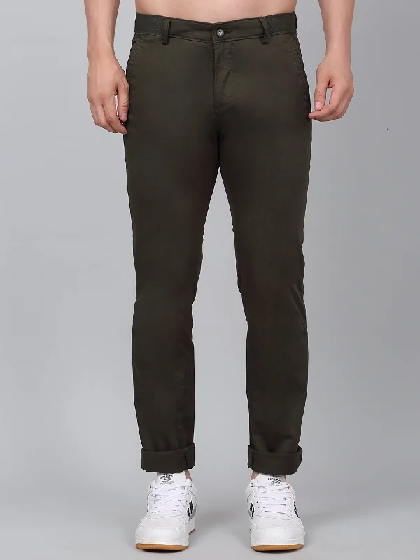 Men's Dark Green Self-Design Non-Pleated Stretchable Casual Trouser