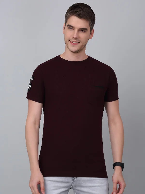 Men's Wine Solid Round Neck T-shirt