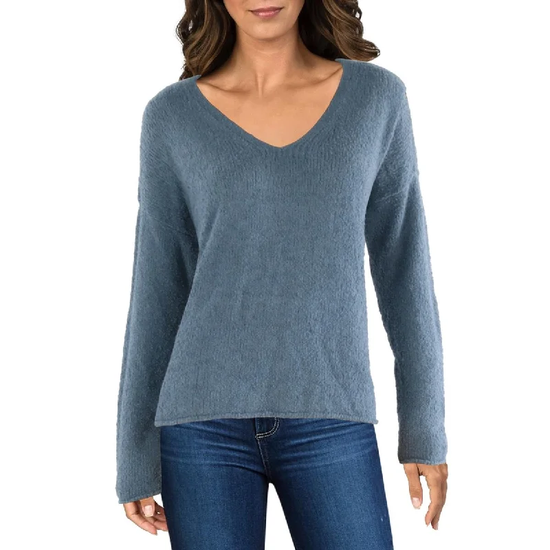 Womens Boucle Rolled Hem V-Neck Sweater