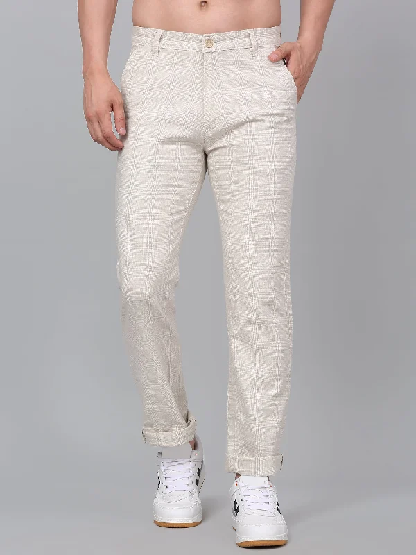 Men's Beige Checkered Non-Pleated Casual Trouser