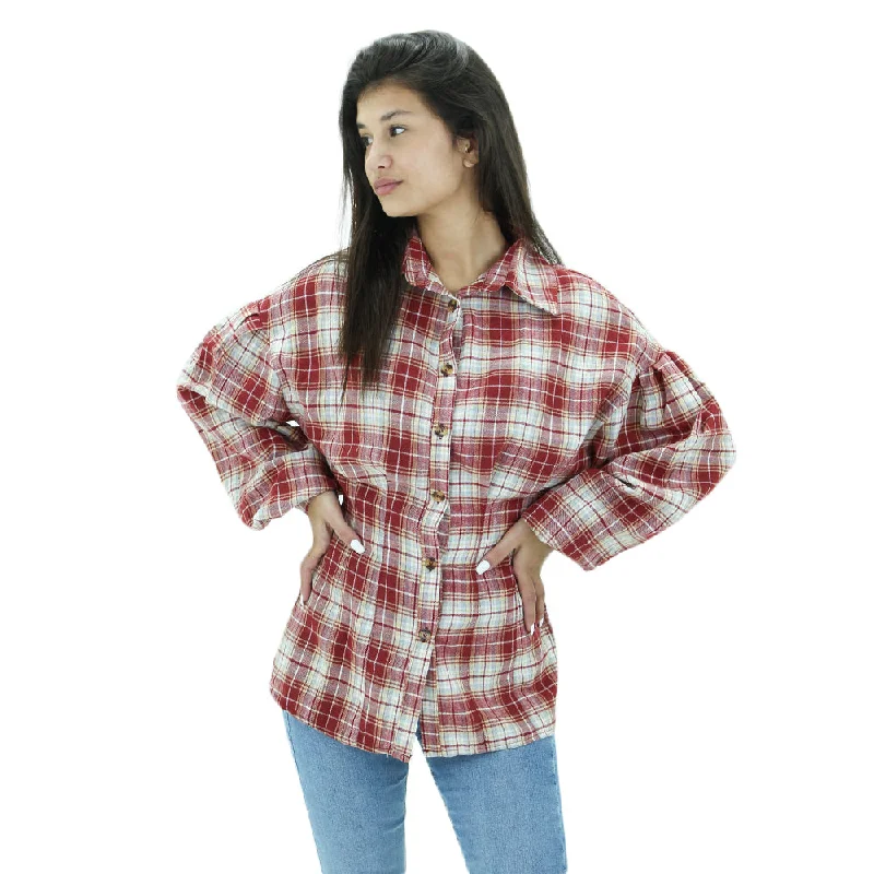 Women's Checkered Casual Shirt,Red/Beige