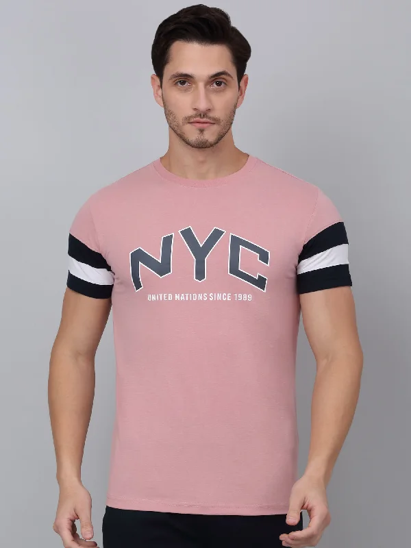 Men's Pink Printed Round Neck T-shirt