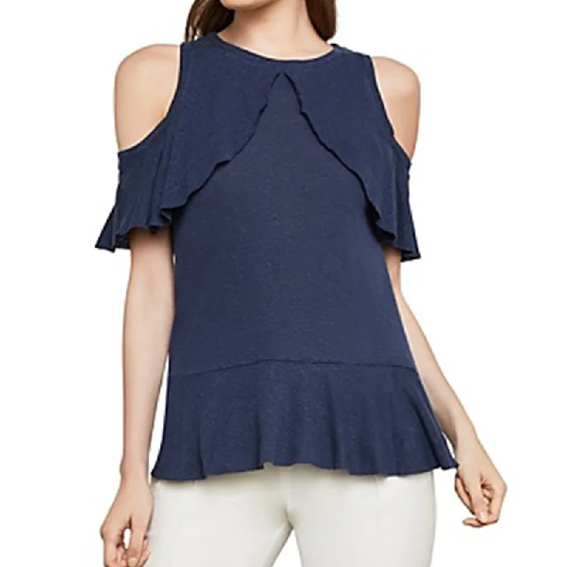 Women's Ruffled Cold Shoulder Pullover Top,Navy