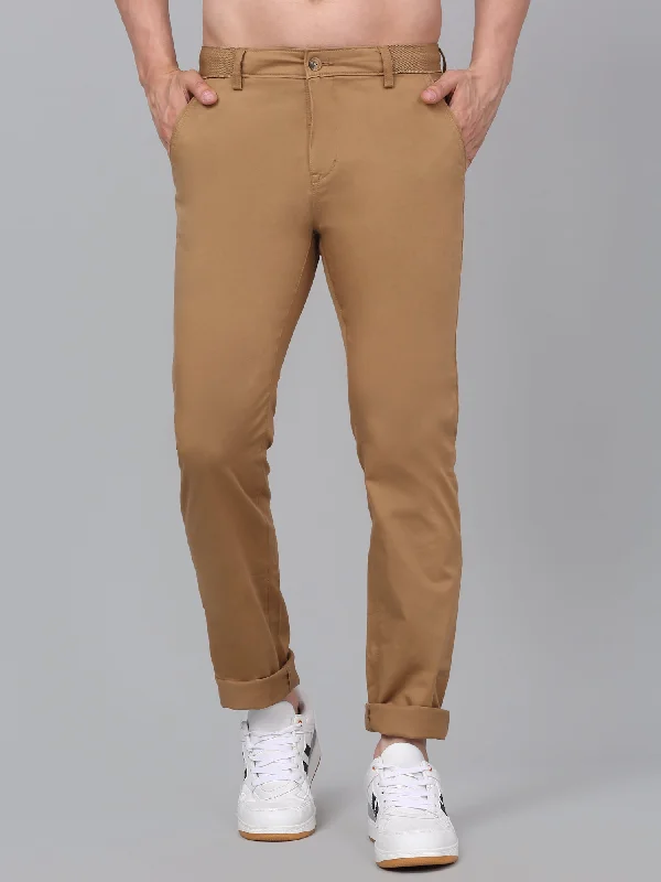 Men's Khaki Self-Design Non-Pleated Stretchable Casual Trouser