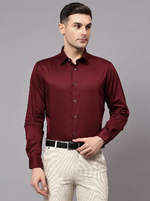 Men's Maroon Party Plain Satin Full Sleeve Shirt