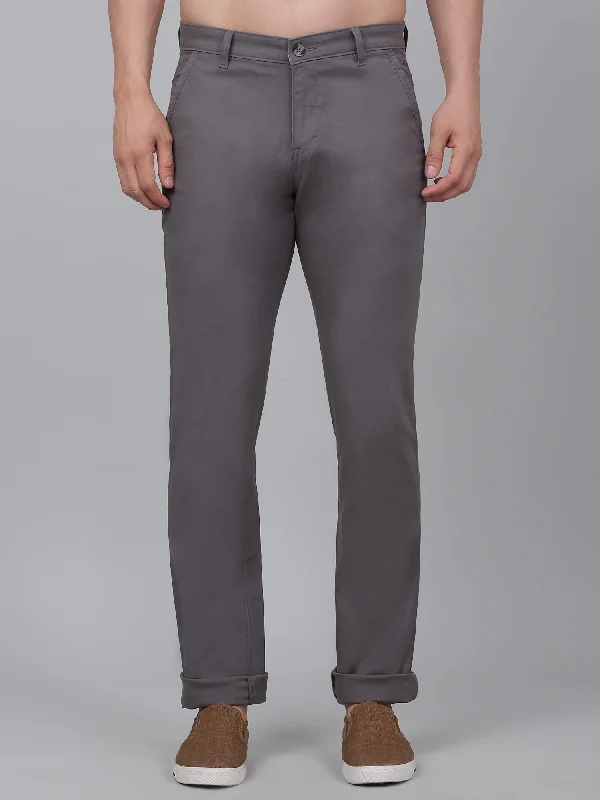 Men's Grey Solid Non-Pleated Stretchable Casual Trouser