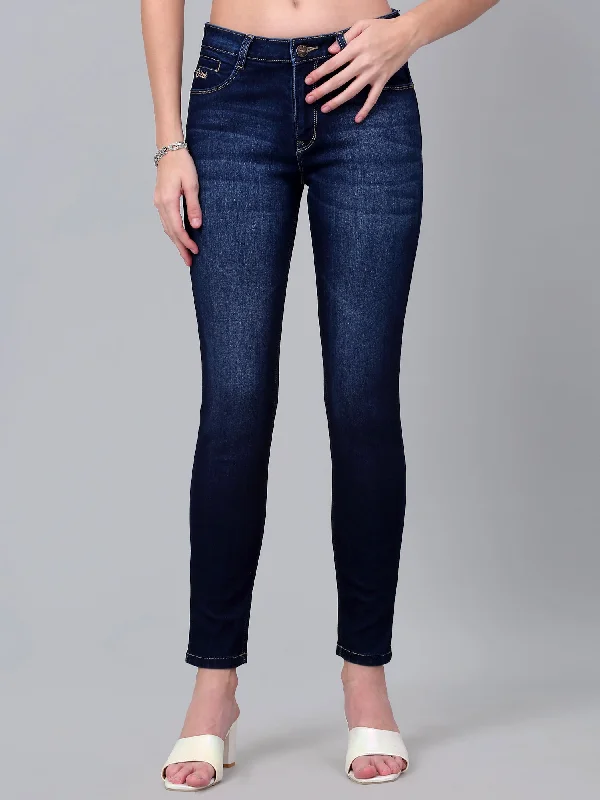 Women's Casual Skinny Fit Dark mercerised Blue Light Fade Mid rise Jeans