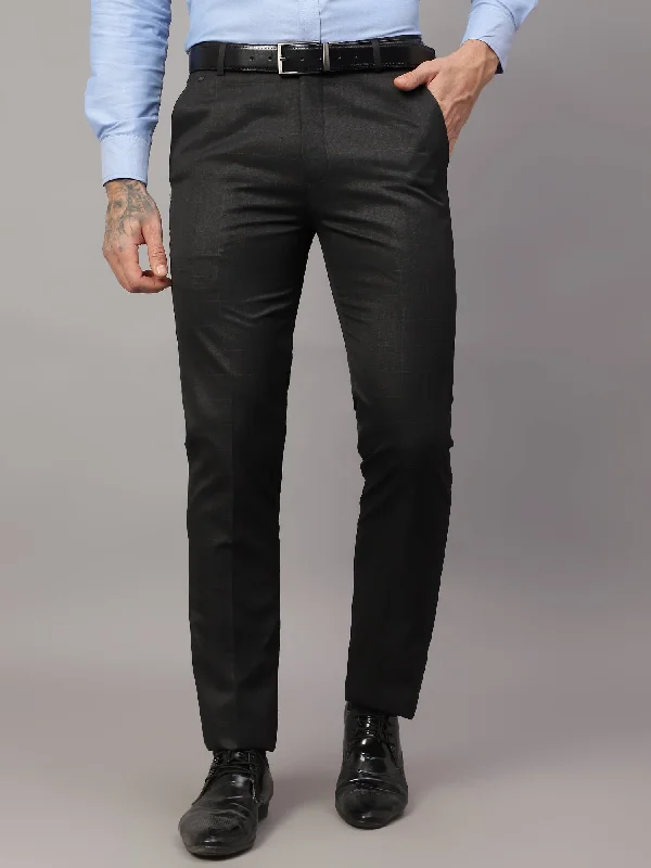 Men's Formal Flat front Dark Grey Checks Trousers