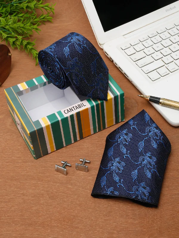 Men's Navy Blue Fashion Floral Pattern Tie Set