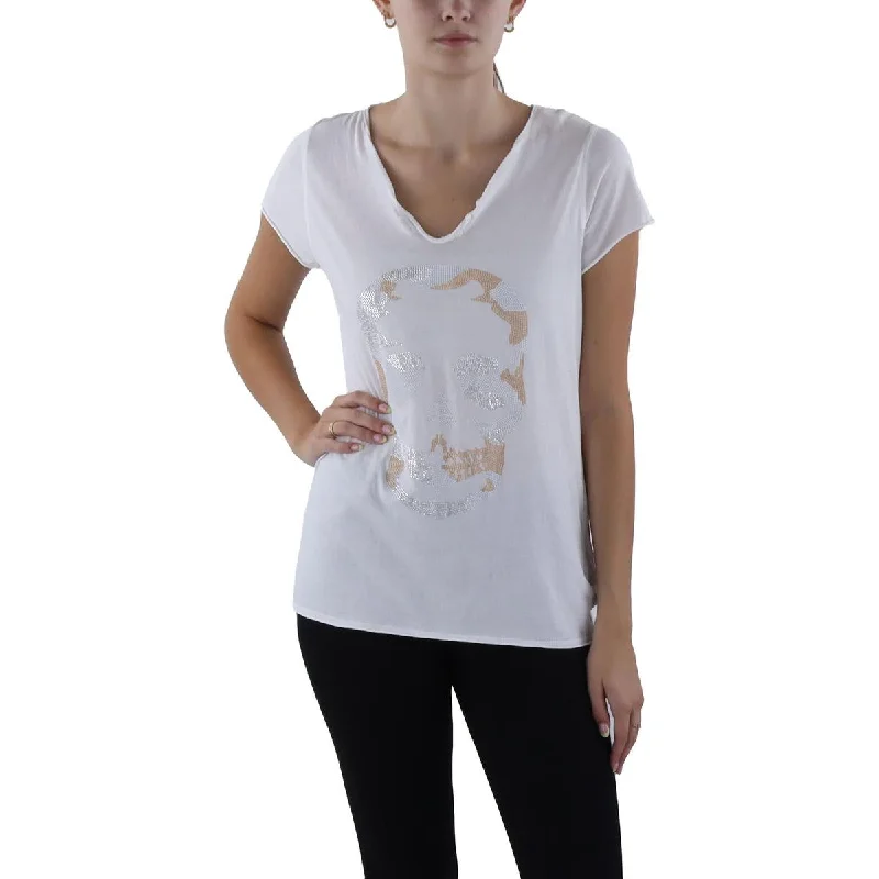 Tunisien MC Camo Skull Womens Embellished Henley Graphic T-Shirt