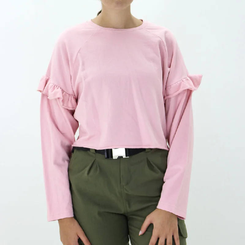 Women's Ruffle Sleeve Cropped Sweater,Baby Pink