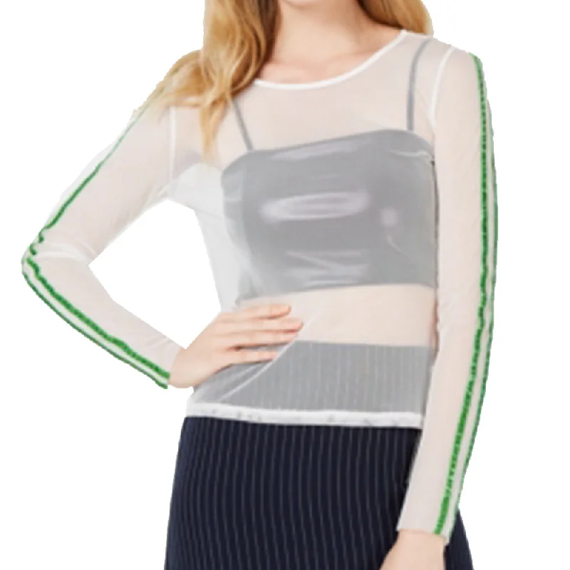 Women's Mesh Striped Sleeve Top,White