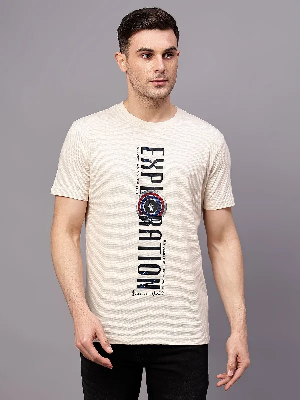 Men's Beige  Round neck Half Sleeve T-Shirt with Typographic print