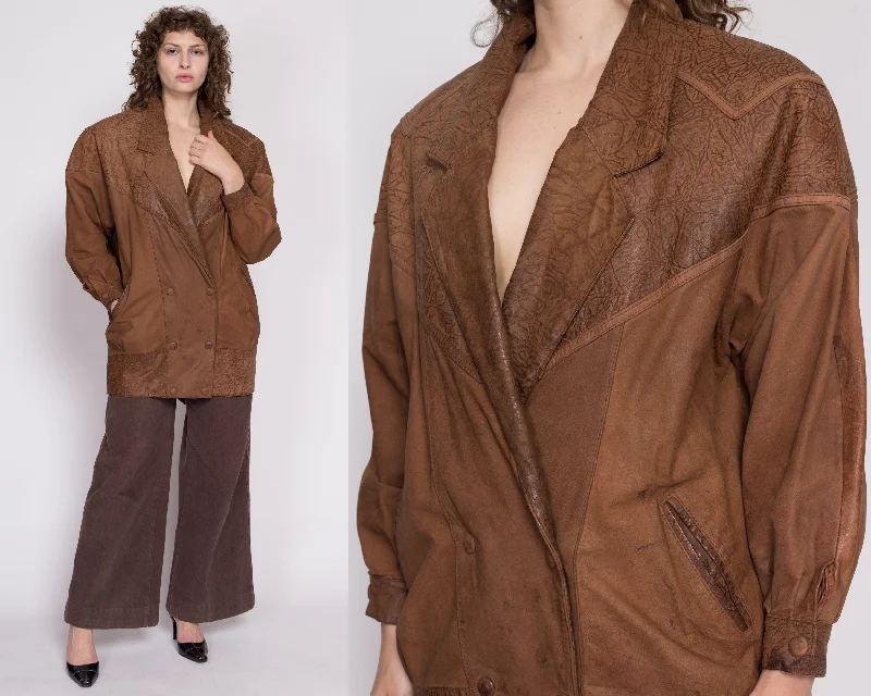 80s G-III Brown Leather Embossed Jacket - Medium