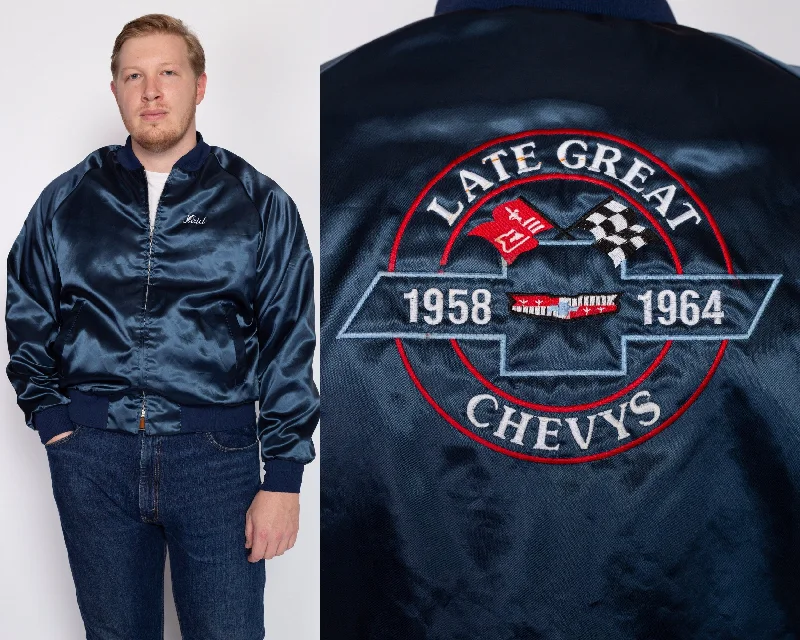 Large 70s Late Great Chevys Blue Satin Varsity Jacket