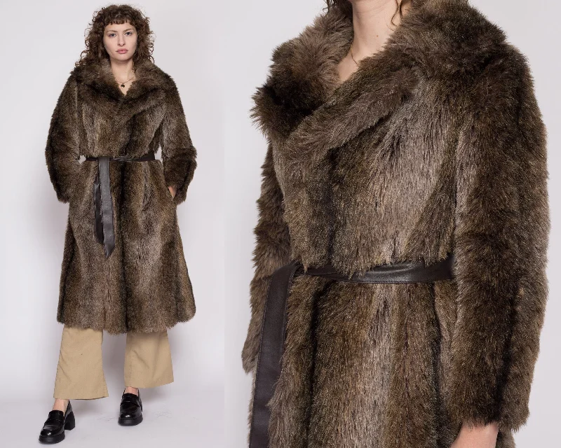 XS 70s Brown Faux Fur Belted Coat