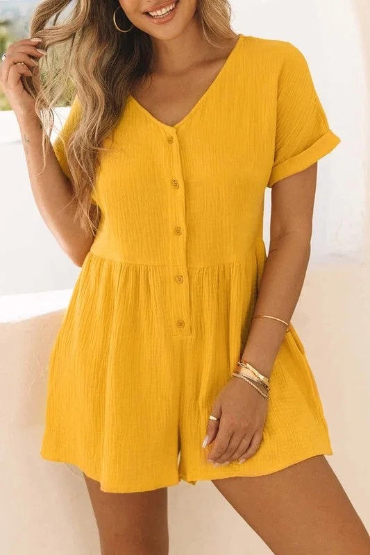 Before You Go: Yellow Short Sleeve Crinkle Button Up Romper w/Pockets