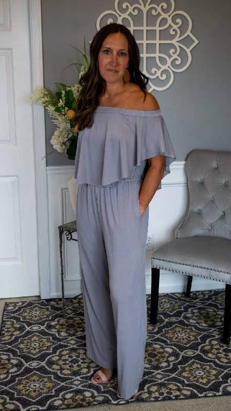 Dreams Collide Off the Shoulder Flounce Bodice Jumpsuit w/Pockets