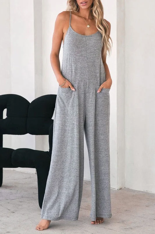 Just Be: Gray Jersey Knit Ultra Soft Wide Leg Jumpsuit w/Pockets