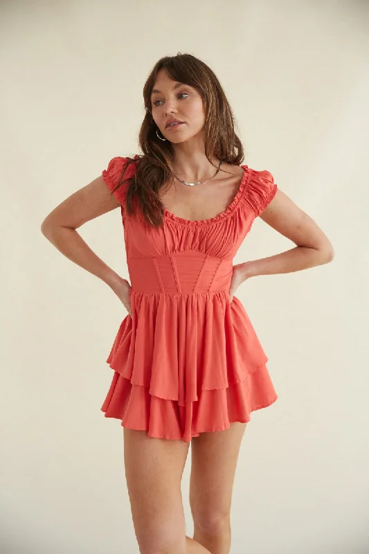 Mackenzie Corset Puff Sleeve Ruffle Romper