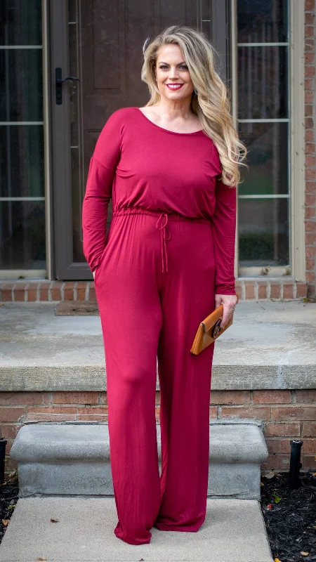 Endless Love : Burgundy Long Sleeve Jumpsuit w/Tie Waist and Hidden Pockets