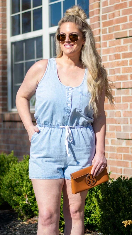 All to Myself: Light Wash Chambray Sleeveless Romper w/ Drawstring Tie Waist